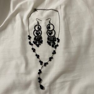 Black beaded drop necklace with matching chandelier drop earrings